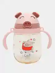 Пастельно-коралловый детская бутылка-непроливайка для воды, с трубочкой, с ручками, с ремешком "Хрюша", 350 мл