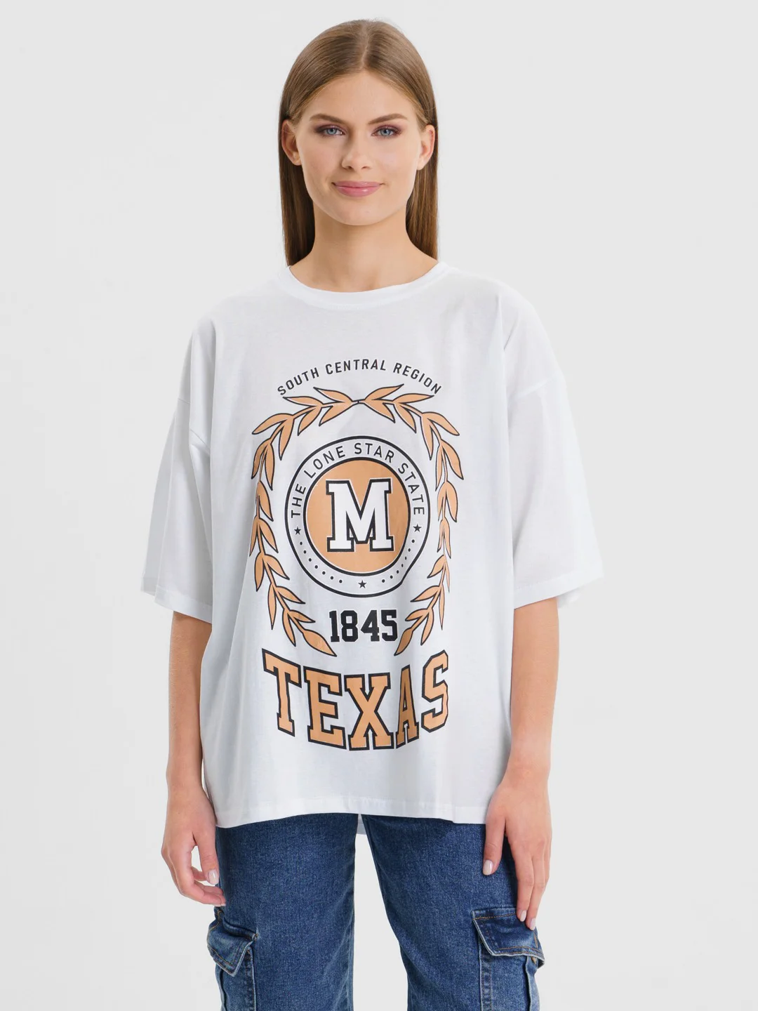 Белый женская футболка свободного кроя, однотонная, Oversize с принтом "TEXAS"