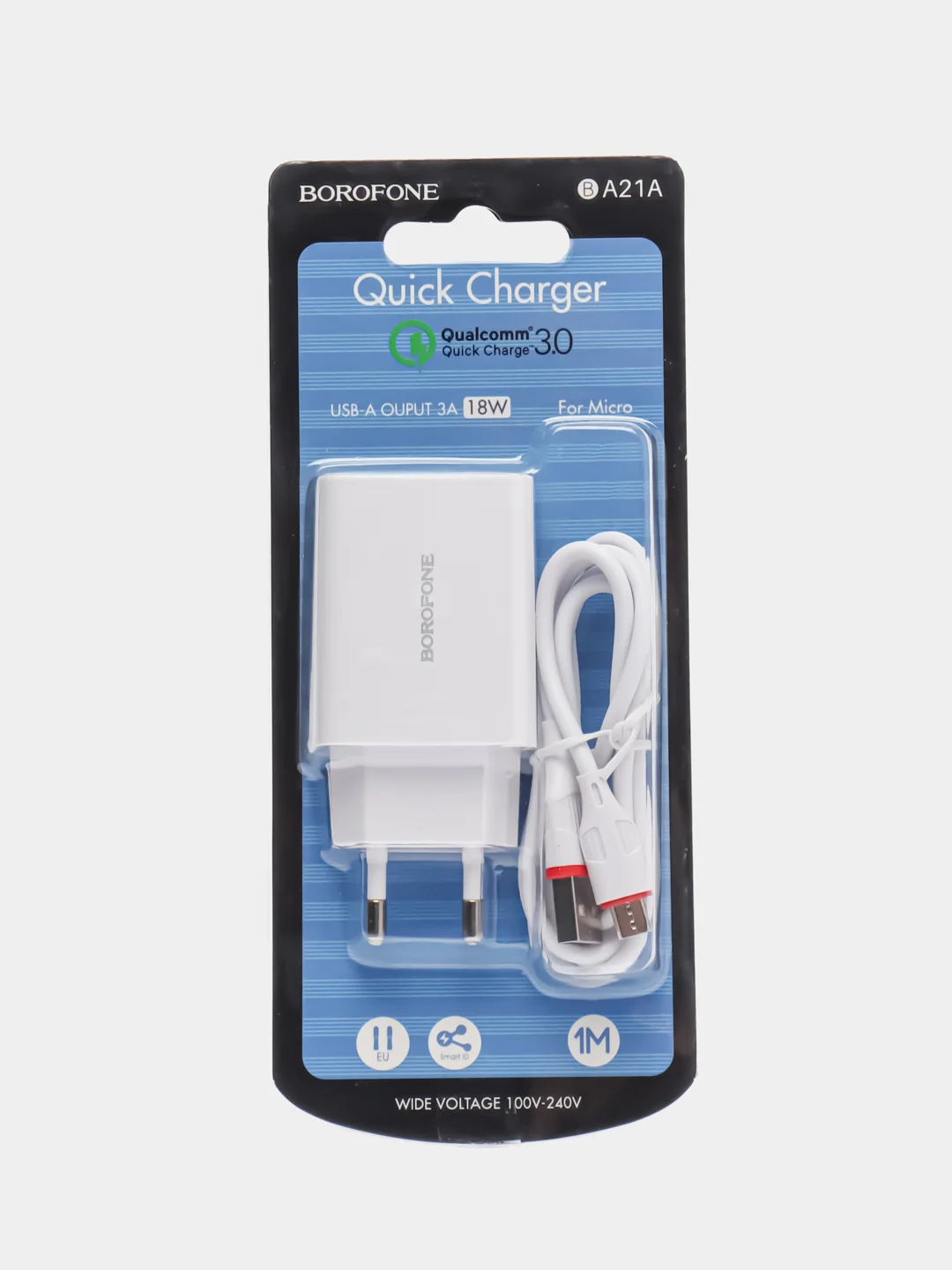 Белый зарядное устройство Borofone BA21A + кабель Type-C, Micro-USB (QC 3.0, 3A, 18W) для Android