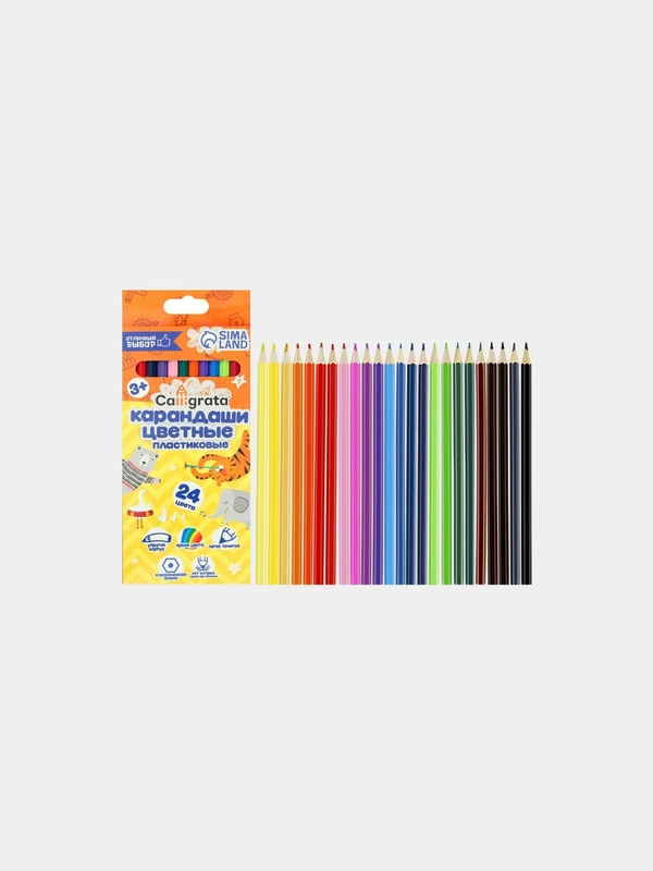 Карандаши 24 цвета, заточенные, шестигранные, пластиковые