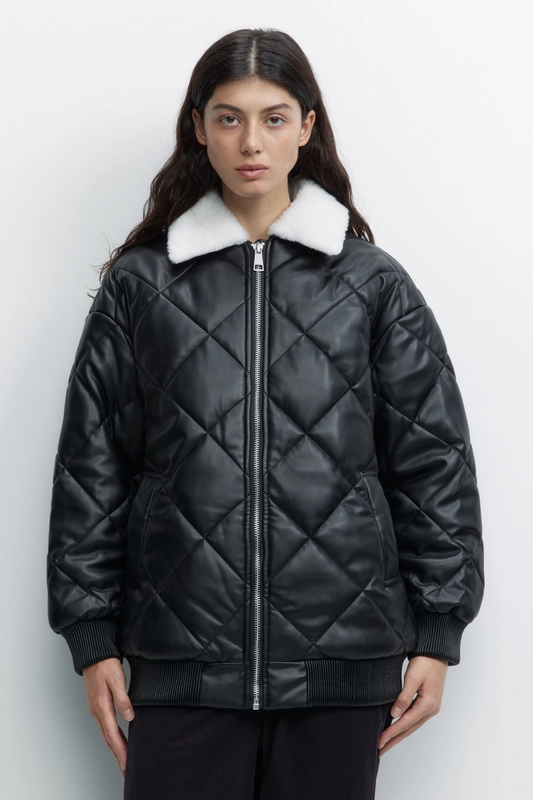 Куртка-бомбер Befree oversize из экокожи с меховым воротником