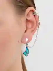 Серый меланж серьга - кафф с голубой бабочкой, разные застёжки