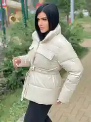 Кремовый куртка-пуховик экокожи, демисезонная, теплая