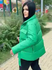 Лесной зеленый куртка-пуховик экокожи, демисезонная, теплая