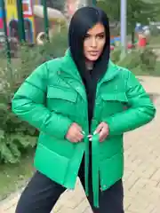 Лесной зеленый куртка-пуховик экокожи, демисезонная, теплая