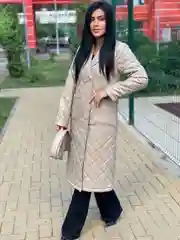 Бежевый куртка демисезонная, длинная, стеганная, с поясом, экокожа