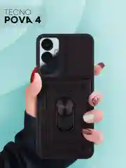 Черный чехол для Tecno Pova 4 противоударный КАРТОФАН, пластиковый, с магнитом и кольцом