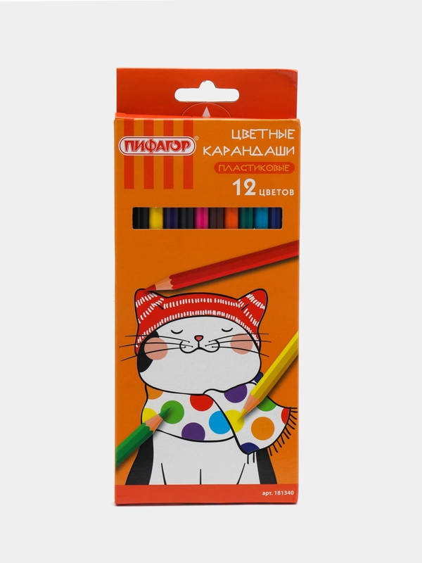 Карандаши цветные ПИФАГОР "КОТИК", 12 цветов, пластиковые, классические заточенные, 181340
