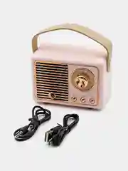 Розовый колонка блютуз портативная "Ретро радио", Fm, USB, Bluetooth