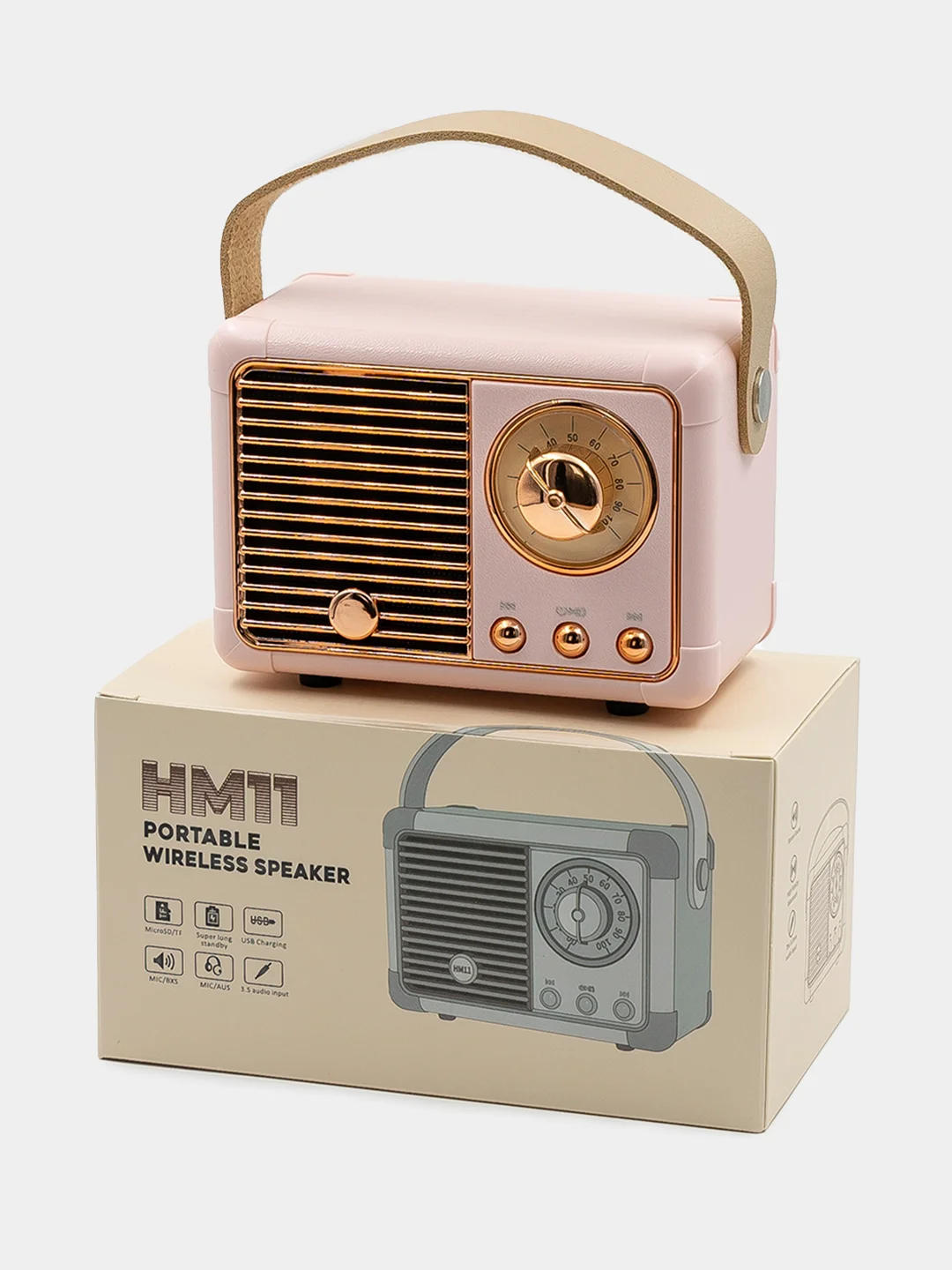 Розовый колонка блютуз портативная "Ретро радио", Fm, USB, Bluetooth