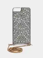 Серебряный чехол с цепочкой iPhone 6 / 7 / 8 / Se 2020 / 6 Plus / 7 Plus / 8 Plus стразы, жемчуг