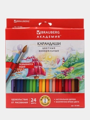 Карандаши цветные акварельные BRAUBERG "АКАДЕМИЯ", 24 цвета, шестигранные,высокое качество