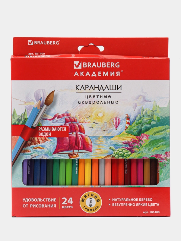 Карандаши цветные акварельные BRAUBERG "АКАДЕМИЯ", 24 цвета, шестигранные,высокое качество
