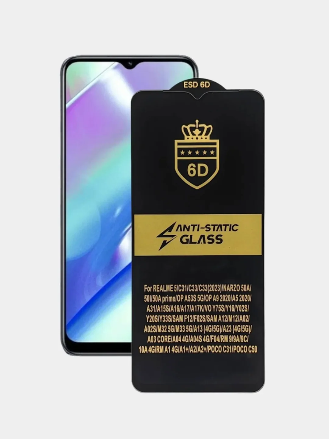Черный защитное стекло Anti-Static Realme 5, C31, C33, Narzo 50A / Oppo A16, A17, A5 2020 / Vivo Y33s