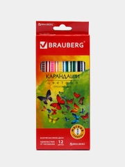 Карандаши цветные BRAUBERG "Бабочки", НАБОР 12 цв., трехгранные, корпус с полосками