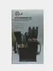 Черный набор кухонных ножей и принадлежностей, 19 шт, половники, лопатки, шумовки, венчики