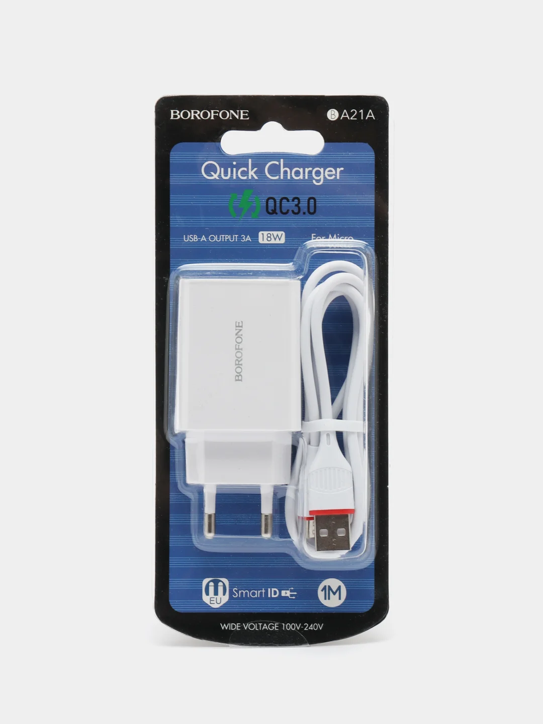 Белый зарядное устройство Borofone BA21A (Быстрая зарядка QC 3.0, 3A, 18W + USB- кабель)