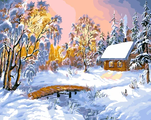 Аметистовый алмазная мозаика без подрамника, 30*40 см, "Зимние пейзажи"