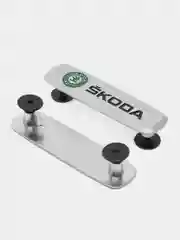 Комплект шильдиков металлических с эмблемой авто "SKODA" и 4 винтовыми креплениями (Пара)