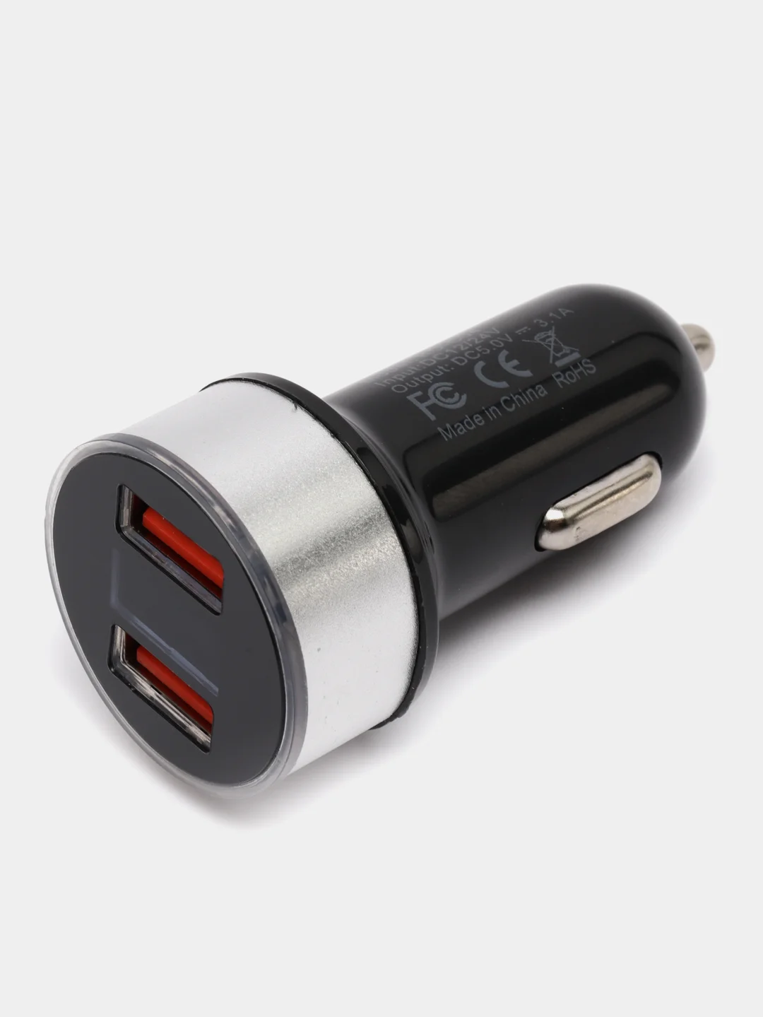 Серебряный автомобильное зарядное устройство, 2 USB, 3.1 А, в прикуриватель в машину