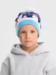 Голубой зимняя шапка, с новогодним принтом, с шерстяным помпоном