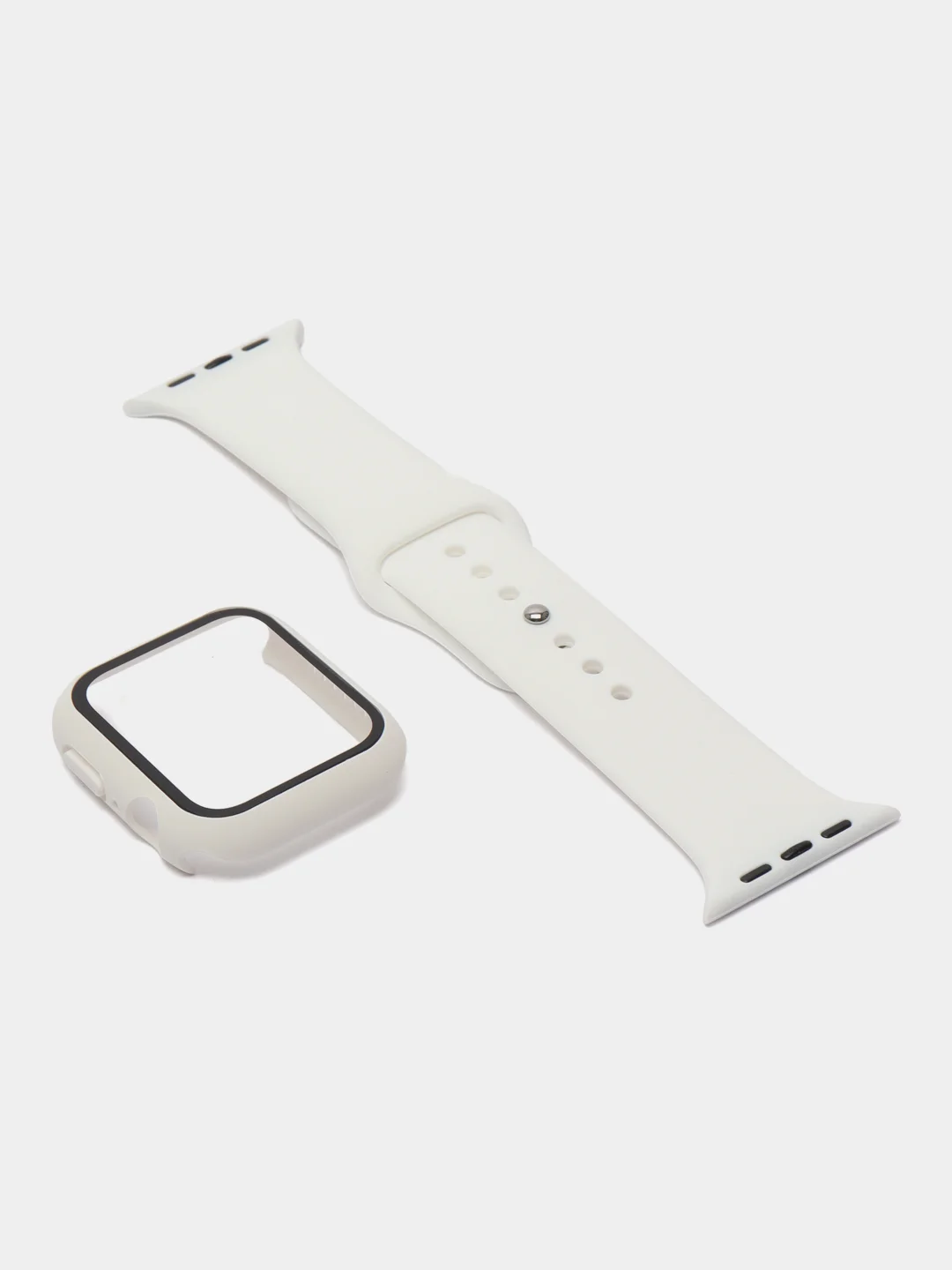 Белый силиконовый ремешок + защитная накладка со стеклом на корпус Apple Watch 44 mm