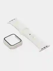 Белый силиконовый ремешок + защитная накладка со стеклом на корпус Apple Watch 44 mm