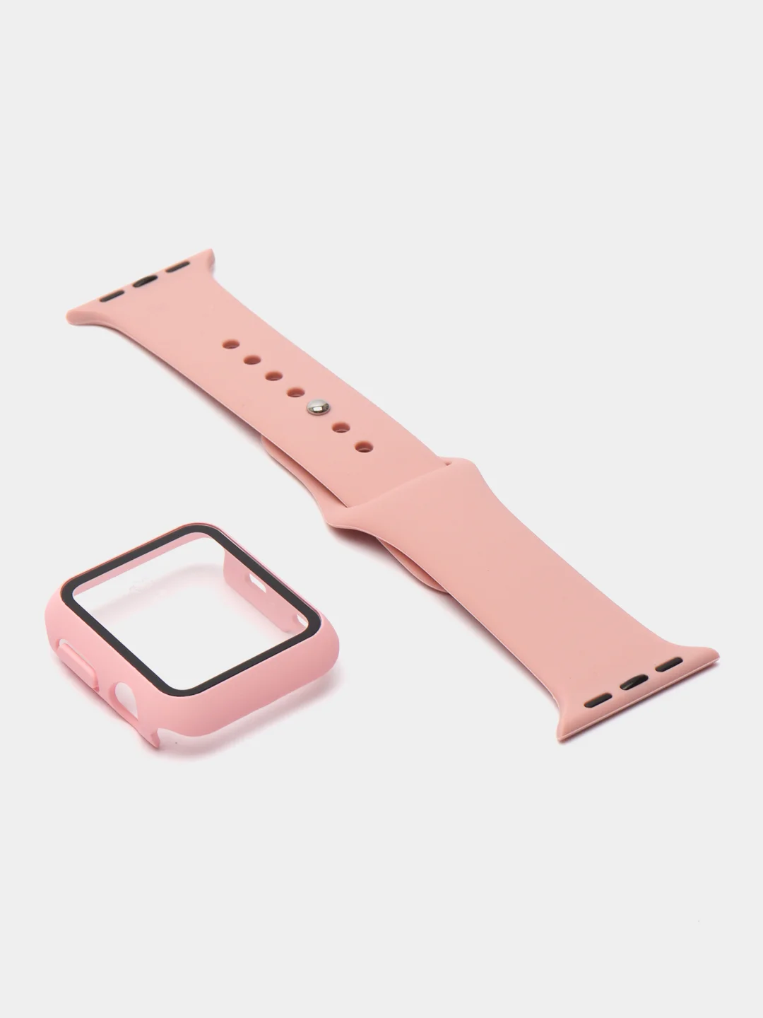 Бежевый силиконовый ремешок + защитная накладка со стеклом на корпус Apple Watch 38 mm