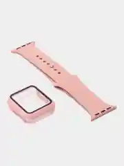 Бежевый силиконовый ремешок + защитная накладка со стеклом на корпус Apple Watch 38 mm