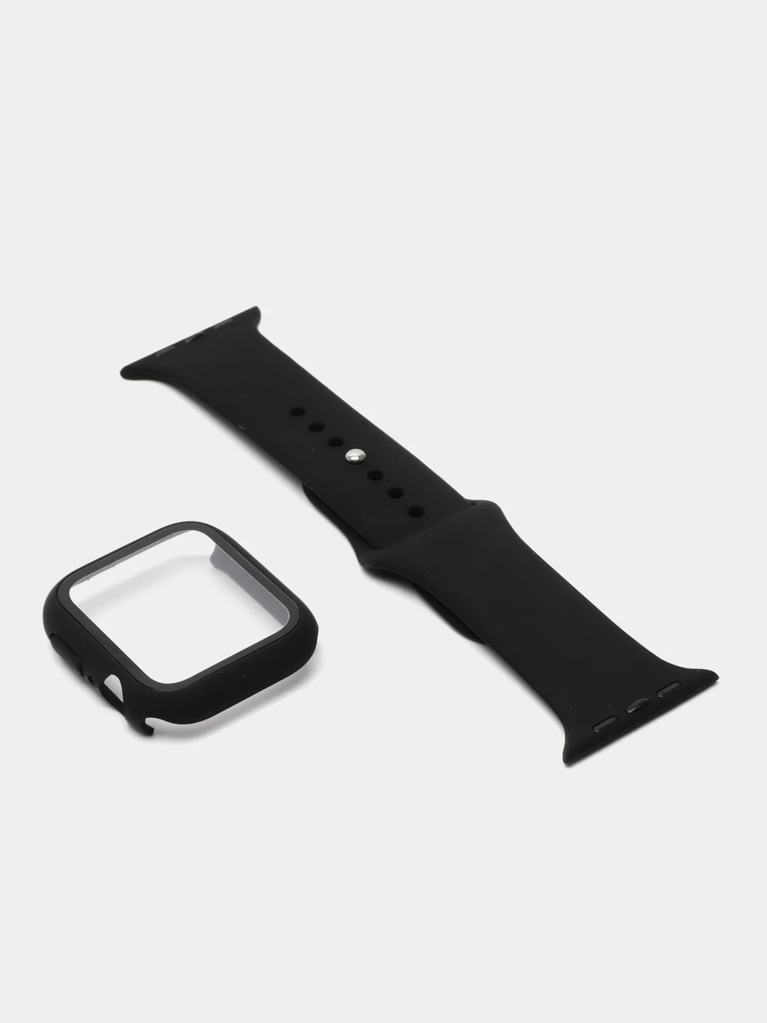 Черный силиконовый ремешок + защитная накладка со стеклом на корпус Apple Watch 44 mm