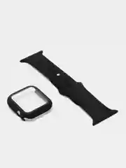 Черный силиконовый ремешок + защитная накладка со стеклом на корпус Apple Watch 44 mm