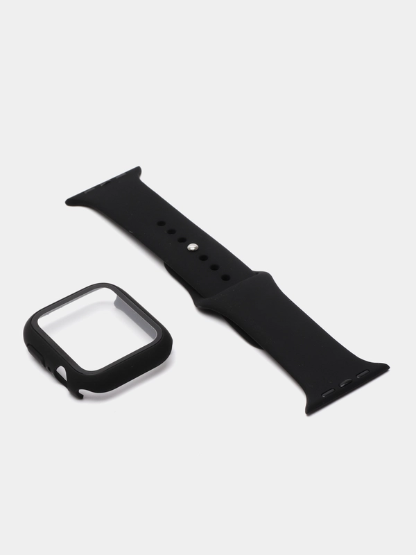 Силиконовый ремешок + защитная накладка со стеклом на корпус Apple Watch 44 mm