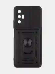Черный чехол для Tecno Pova 3 противоударный КАРТОФАН, пластиковый, с магнитом и кольцом