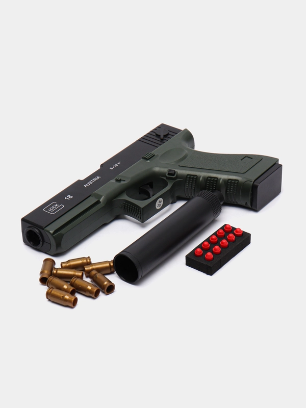 Пистолет игрушечный перезаряжаемый Glock с глушителем, оружие, подарок на 23 февраля