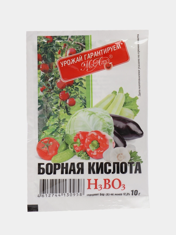 Борная кислота, 10 г, увеличивает урожай, повышает содержание витаминов в плодах