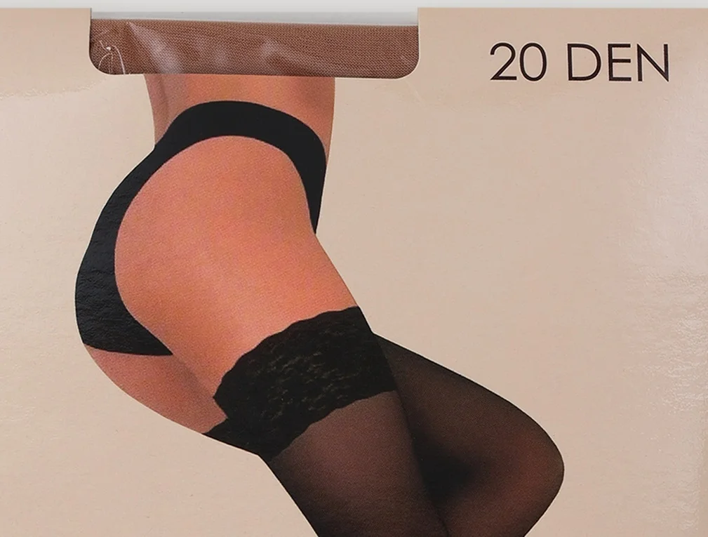 Бежевый чулки женские DESEO 20 den, на широкой резинке из фактурного кружева