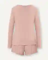 Розовый пижама женская DESEO из тонкого трикотажа в мелкий рубчик, лонгслив с шортами