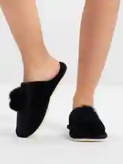 Черный тапочки домашние женские с меховым помпоном, 2 цвета