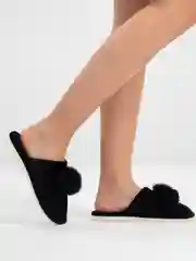 Черный тапочки домашние женские с меховым помпоном, 2 цвета