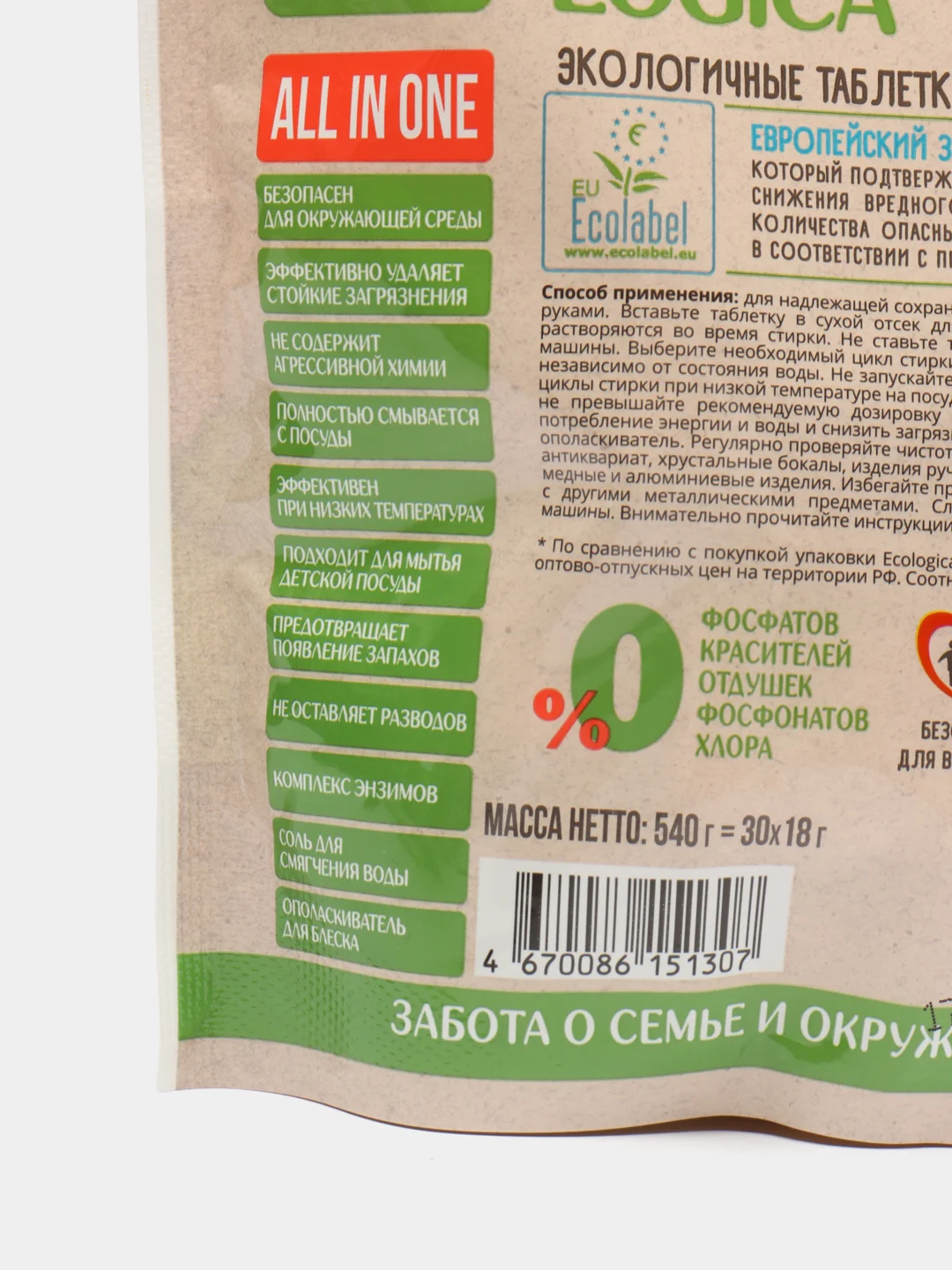 Зеленый таблетки для посудомоечных машин Ecologica all in one Fasty clean Action, 10 в 1
