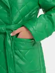 Лесной зеленый куртка демисезонная, длинная, стеганная, с поясом, экокожа