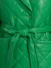 Лесной зеленый куртка демисезонная, длинная, стеганная, с поясом, экокожа