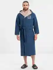 Индиго халат мужской из натурального хлопка, с капюшоном,Ткань - вафельная (хлопок 100%)