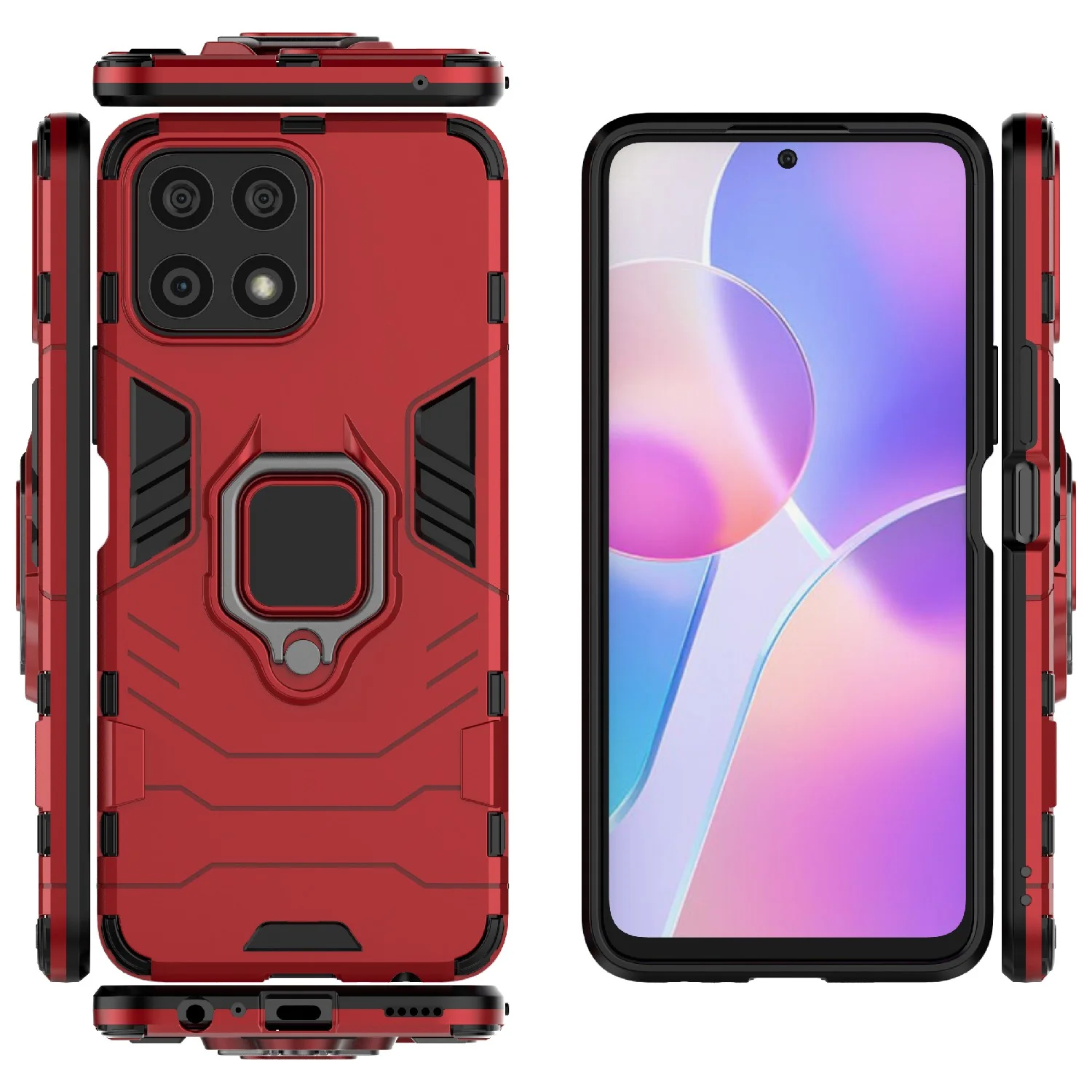 Красный чехол противоударный на Honor X8, с кольцом-держателем