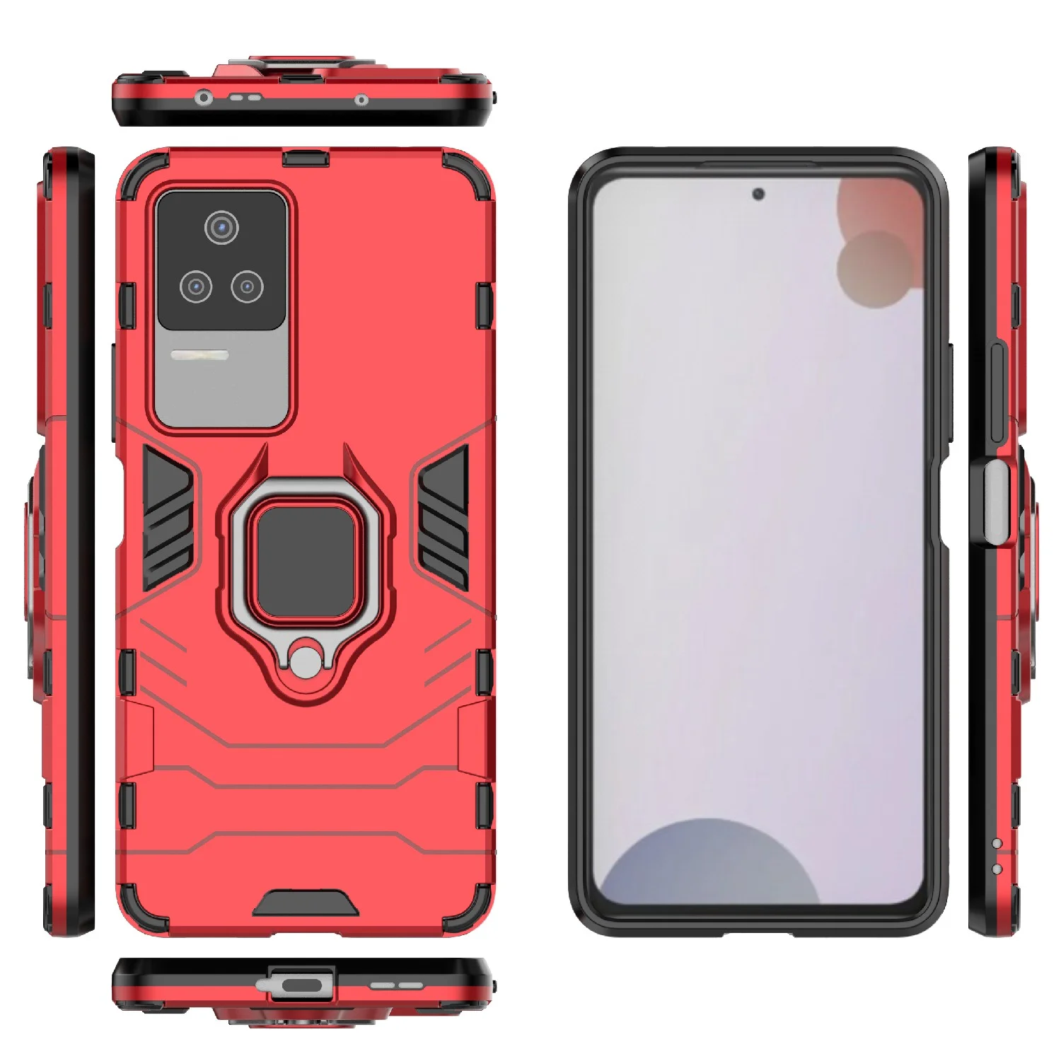 Красный чехол противоударный на Xiaomi Poco F4, с кольцом-держателем
