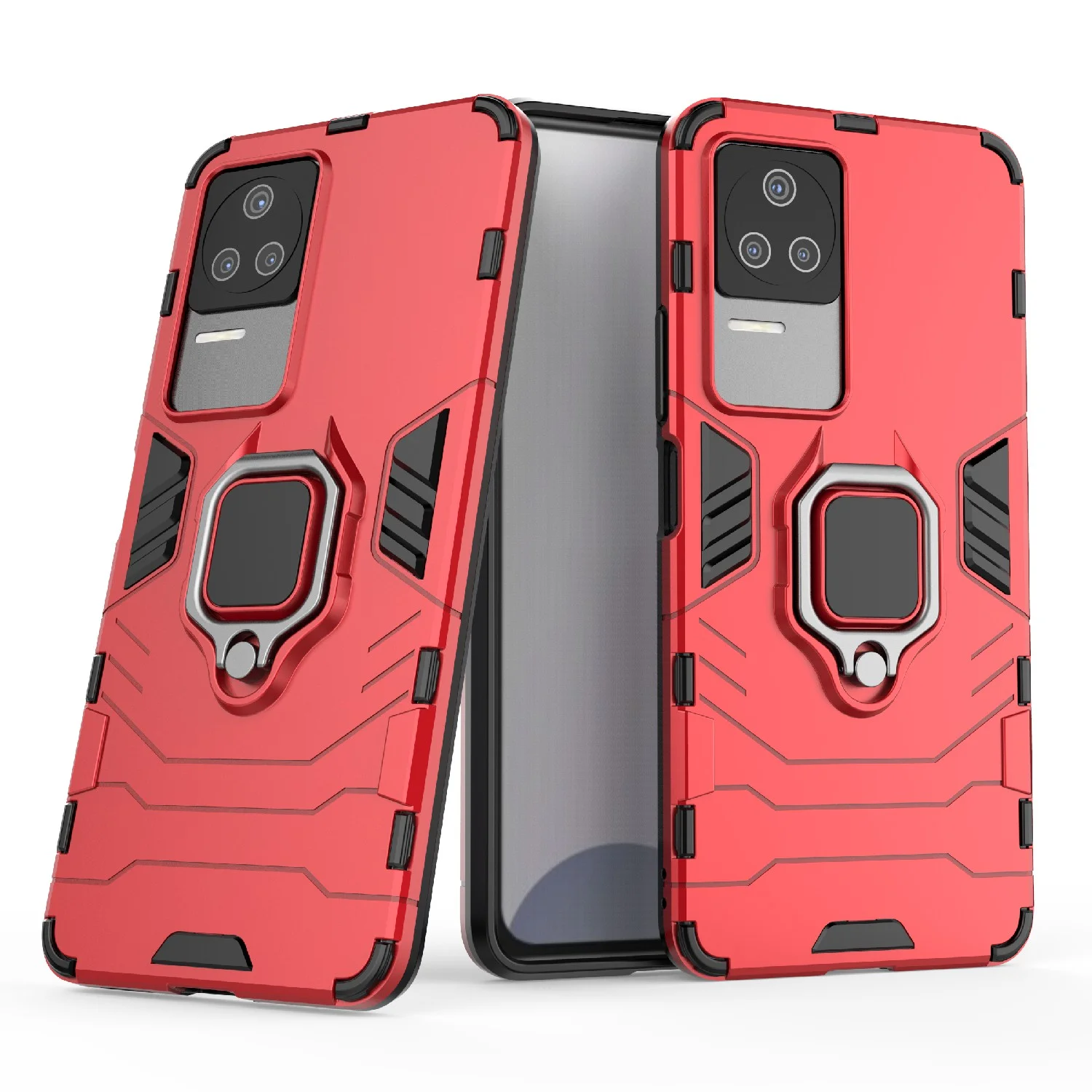 Красный чехол противоударный на Xiaomi Poco F4, с кольцом-держателем