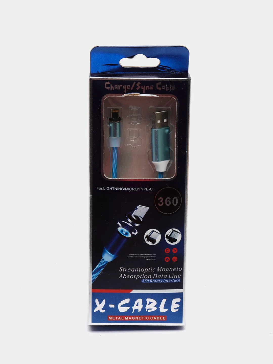 Синий кабель магнитный светящийся micro-USB, Lightning, Type-C, 2.1А, Android, iPhone