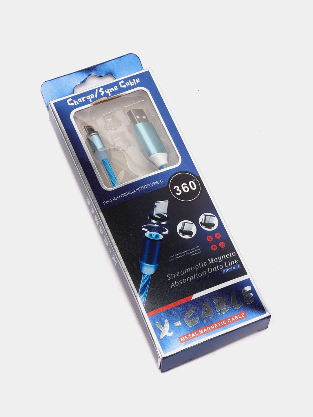 Синий кабель магнитный светящийся micro-USB, Lightning, Type-C, 2.1А, Android, iPhone