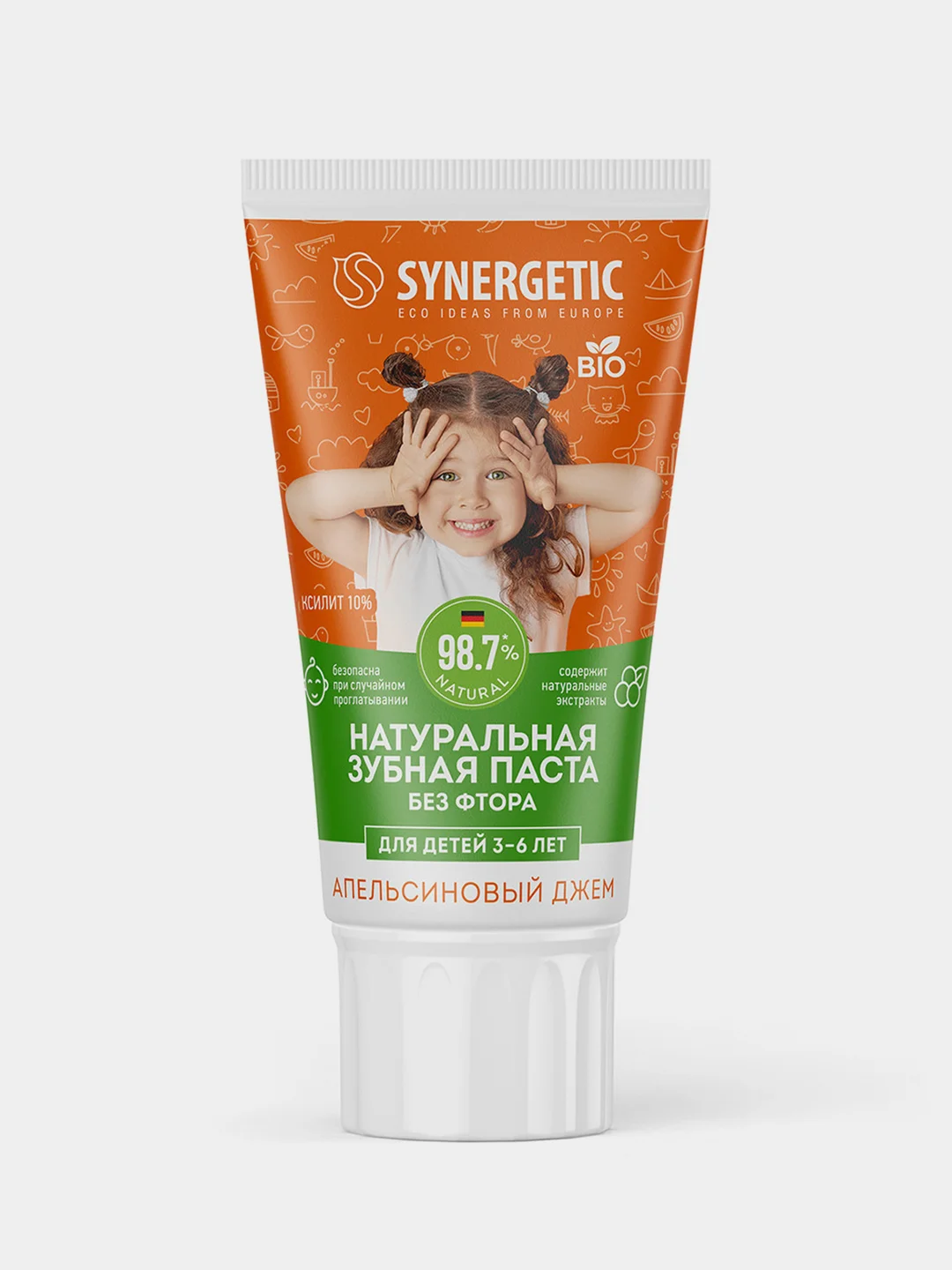 Детская зубная паста SYNERGETIC "Апельсиновый джем", от 3 до 6 лет, 50 гр