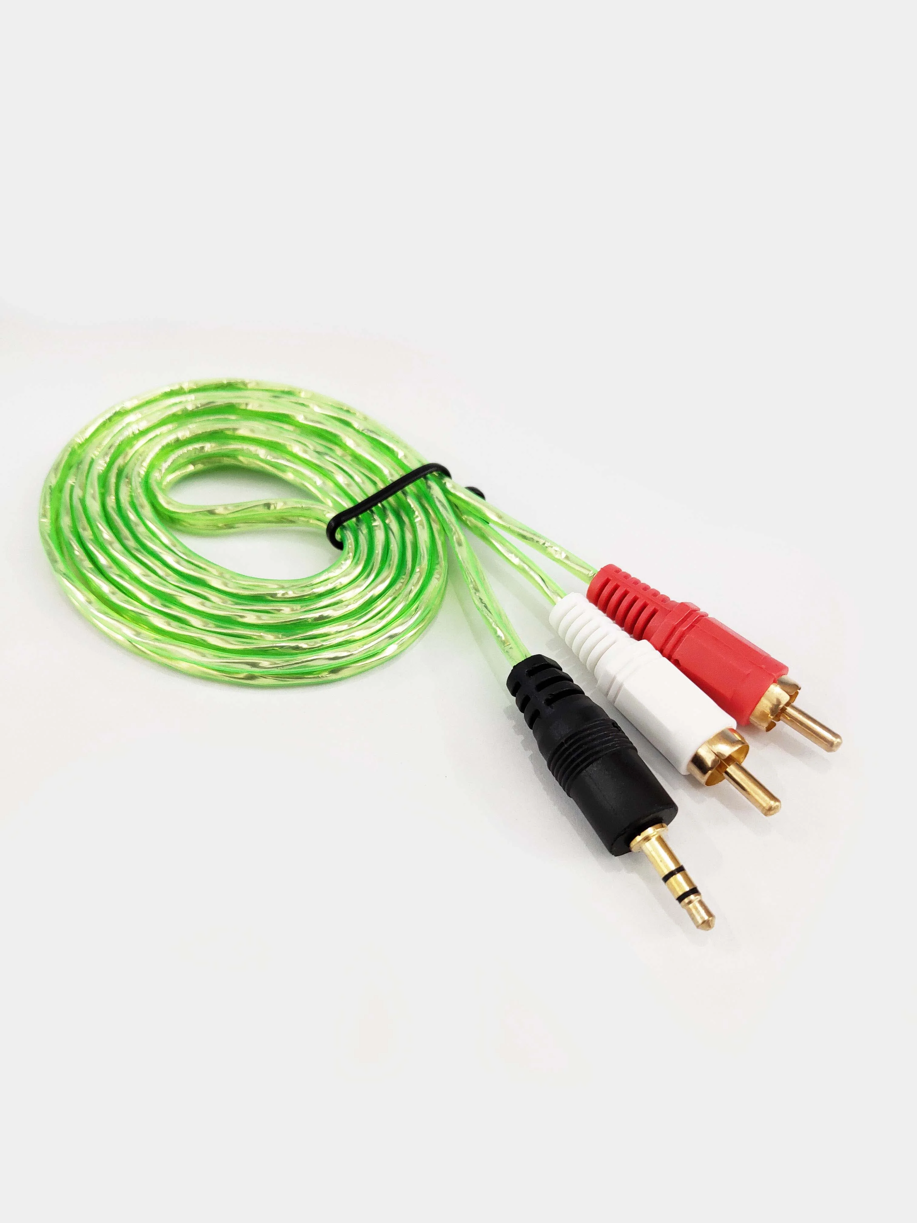 Зеленый аудио кабель аукс на тюльпаны 3.5 на 2RCA, 1.5 метра